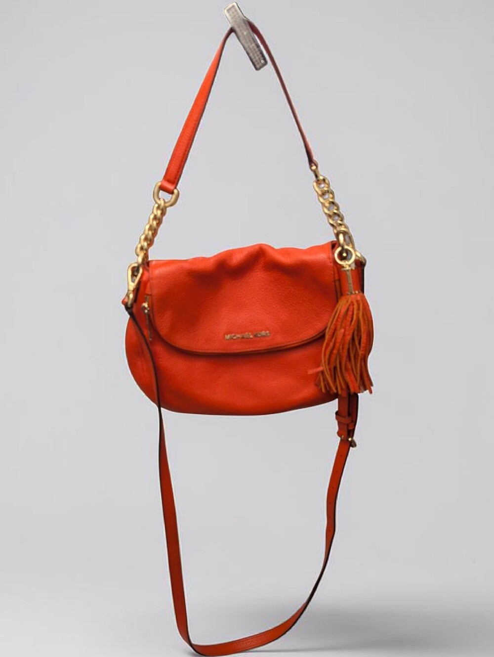 Michael Kors Coral Red Leather Crossbody with Tassel and Chain
